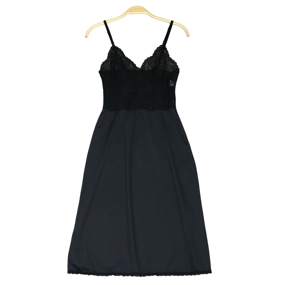 VTG Vassarette Lace Slinky Full Slip Dress 34 Black Coquette Romantic Goth 80s